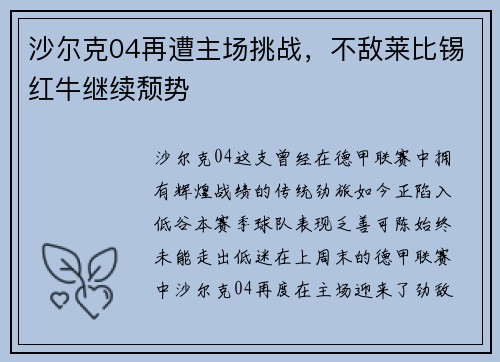 沙尔克04再遭主场挑战，不敌莱比锡红牛继续颓势